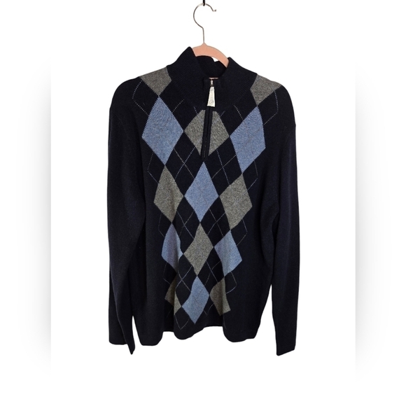 Harrison Davis 2 ply cashmere argyle blue 1/2 zip pullover sweater new